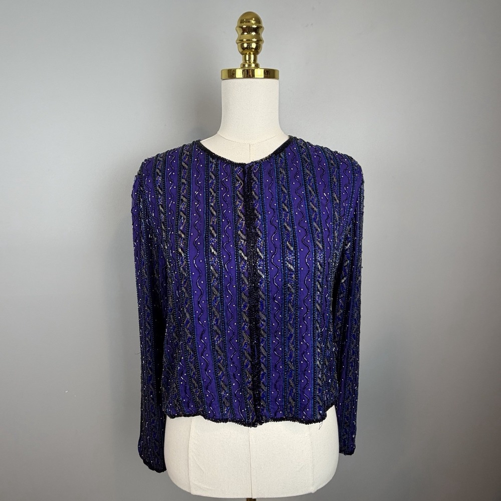 Stenay Beaded Silk Blouse Womens Small Purple Blue Black Vintage Evening Top